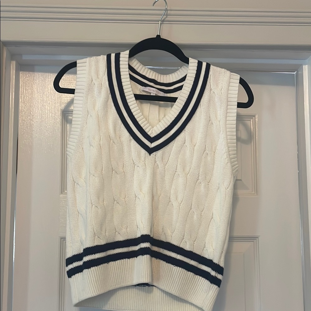White Cable Knit Sweater Vest with Navy Stripes, EUC - Picture 1 of 4
